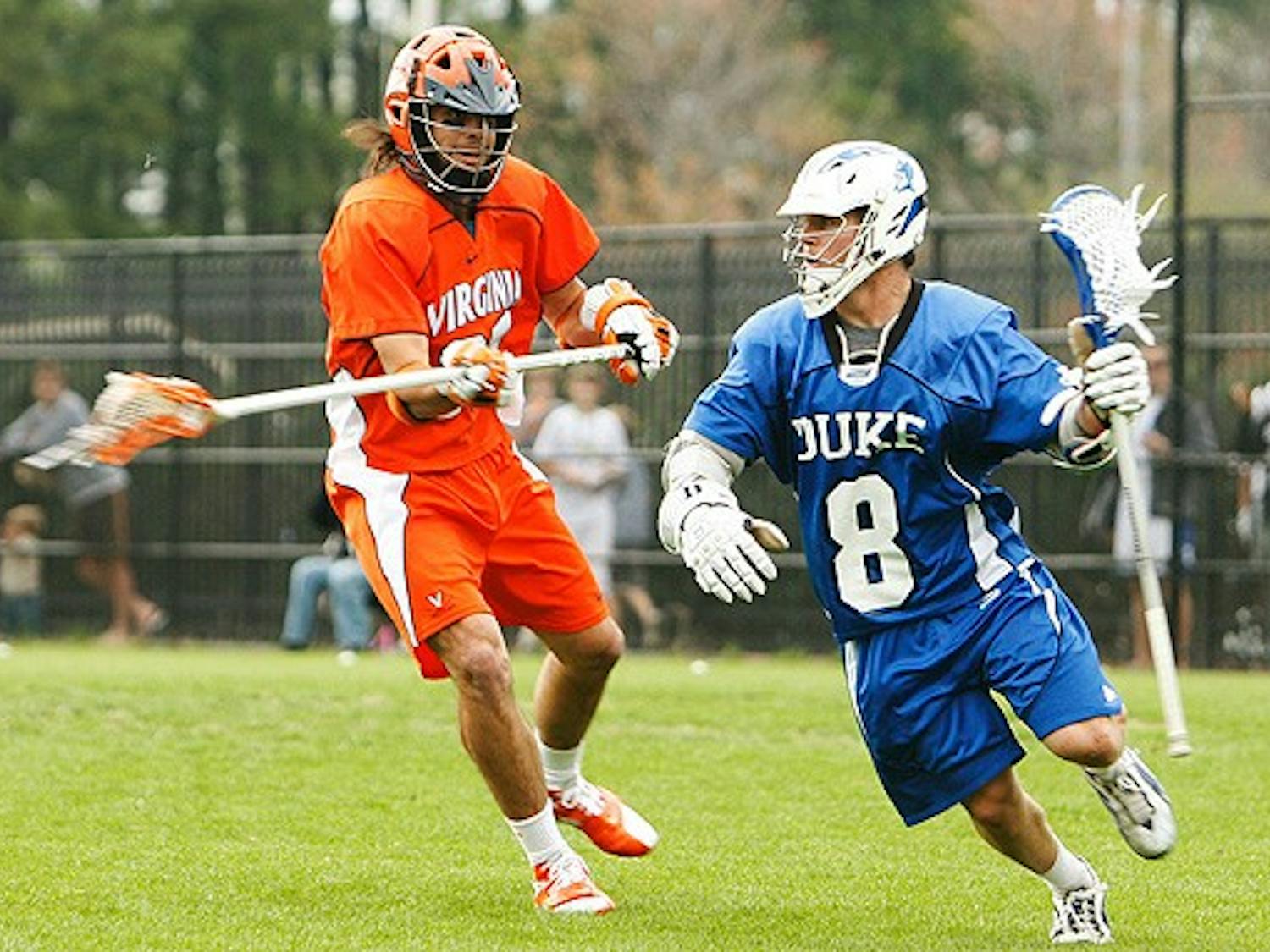 Senior Max Quinzani and the rest of Duke’s forwards could find the path to goal well-defended by Notre Dame goalie Scott Rodgers.