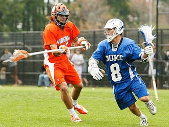 Senior Max Quinzani and the rest of Duke’s forwards could find the path to goal well-defended by Notre Dame goalie Scott Rodgers.