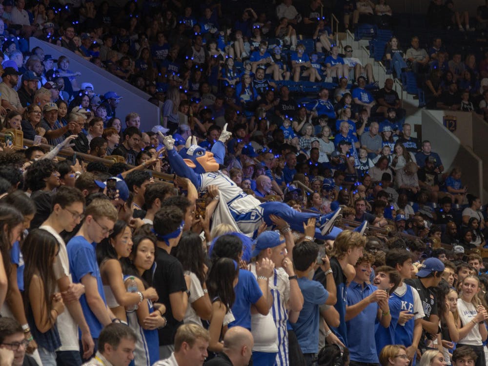 <p>The Blue Devil mascot crowd surfing at this year's Countdown to Craziness.&nbsp;</p>