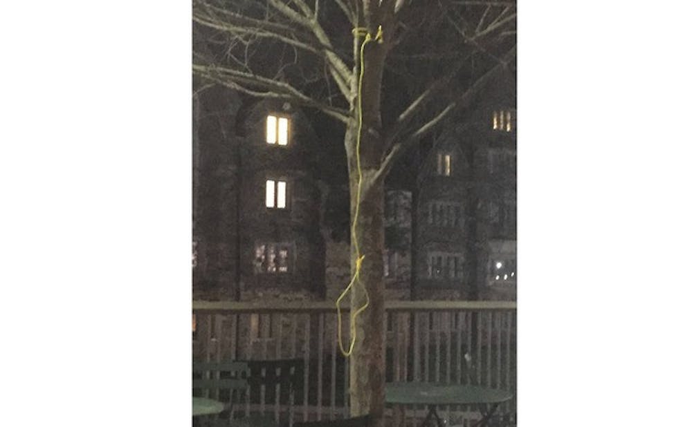 The student who hung the noose on the Bryan Center Plaza April 1 made an error in judgment, not a statement related to racism, the University announced Wednesday. | Photo from the Duke People of Color Caucus Tumblr