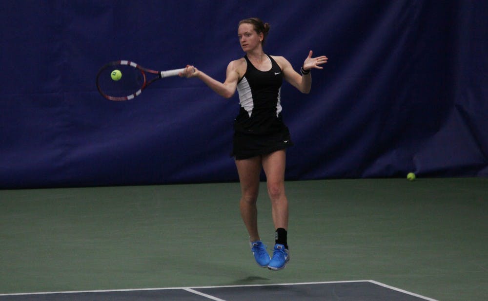<p>Junior Chalena Scholl picked up a straight-set win at third singles as the Blue Devils won their first dual match of the season.</p>