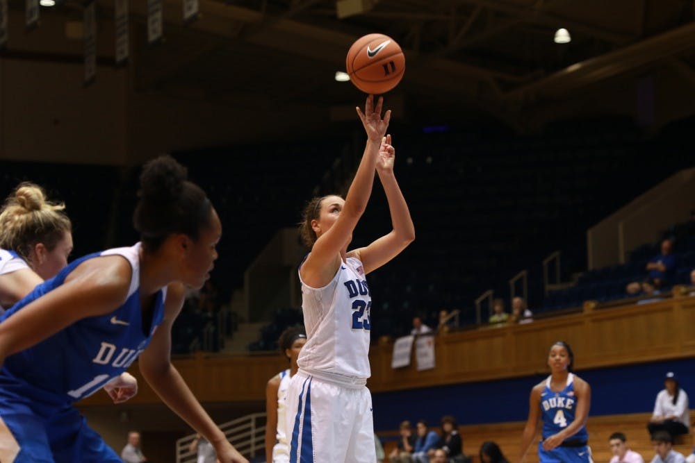 <p>Redshirt sophomore Rebecca Greenwell, who was awarded the Iron Devil award for her offseason excellence in the weight room, scored eight points in the first half of the Blue Devils' annual Blue-White scrimmage Saturday.</p>