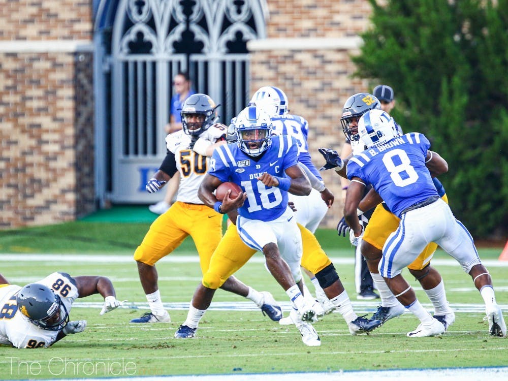 Quentin Harris rushed for 100 yards as Duke scored above 40 points for the third consecutive game