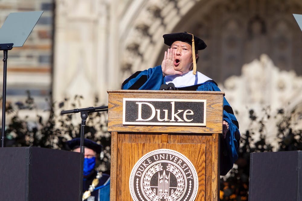 <p>Ken Jeong delivers the 2020 Commencement speech on Abele Quad.</p>