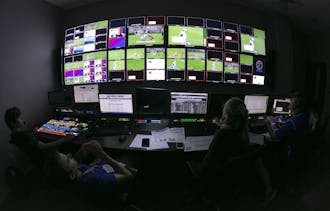 A look from inside one of the three new control rooms in Blue Devil Tower during a men's lacrosse broadcast.