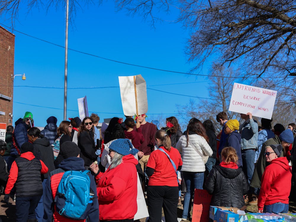 <p>A crowd of people gathered at a Feb. 5 Durham Association of Educators protest organized in support of DPS classified staff, who are facing pay cuts after the district accidentally overpaid them due to an accounting error.&nbsp;</p>