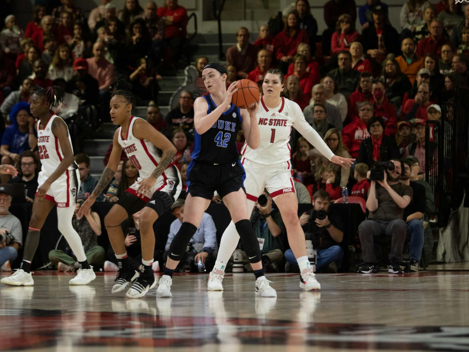 Kennedy Brown holds the ball up during Duke's loss against N.C. State.