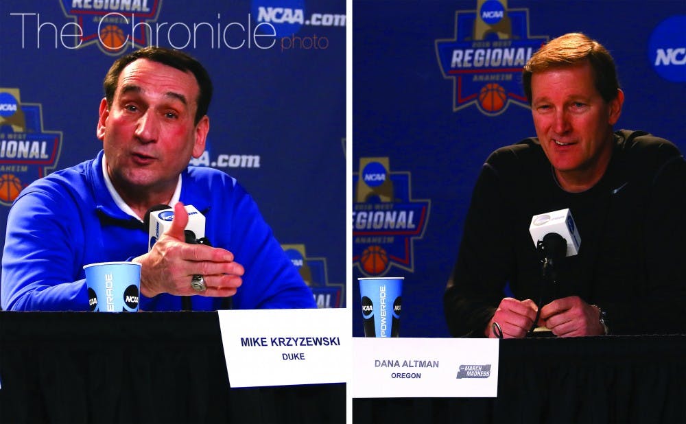 Duke head coach Mike Krzyzewski has reached 12 Final Fours and cut down the nets five times, but the Blue Devils will be tested by top-seeded Oregon as the Ducks try to get head coach Dana Altman to the first Elite Eight of his career.