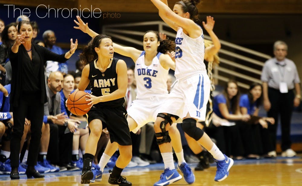After Army's Kelsey Minato got off to a blistering start, the Blue Devils threw double-teams at the Black Knight guard and forced errant passes, leading to transition baskets.
