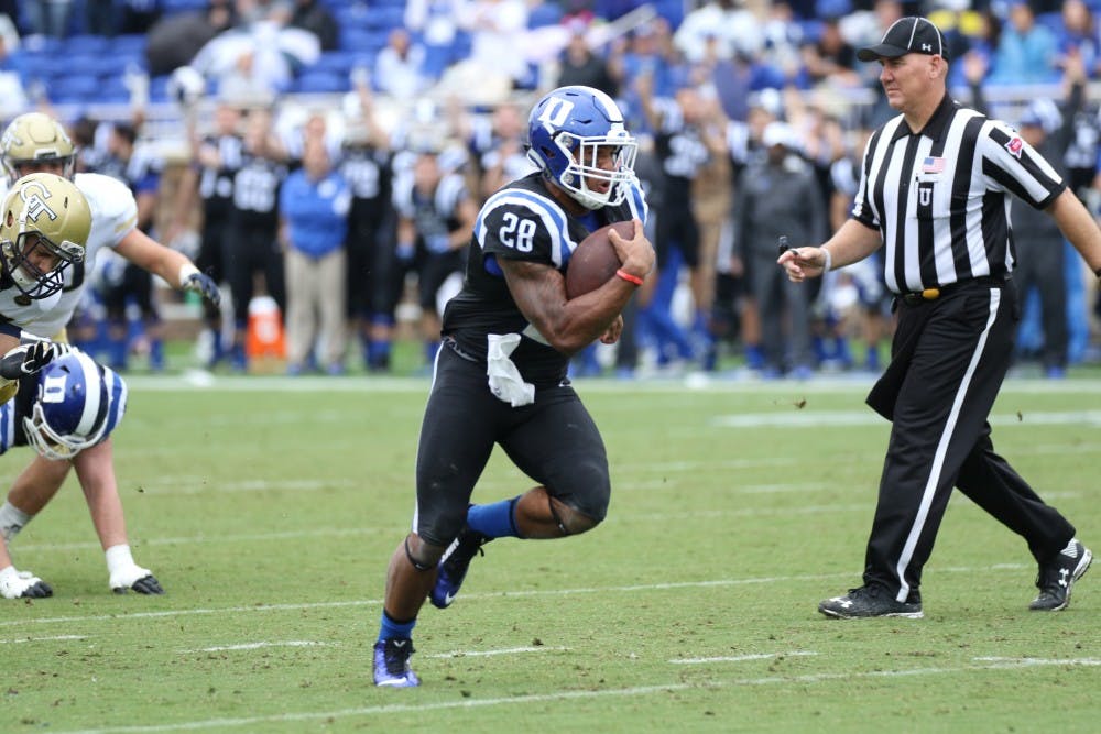 Senior Shaquille Powell racked up 88 yards and three touchdowns Saturday to shoulder the load for Duke against Georgia Tech, including a 30-yard scamper on fourth-and-one to salt the game away.