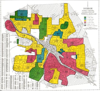 The 1937 Durham map above shows segregated red areas designated too risky for home loans.