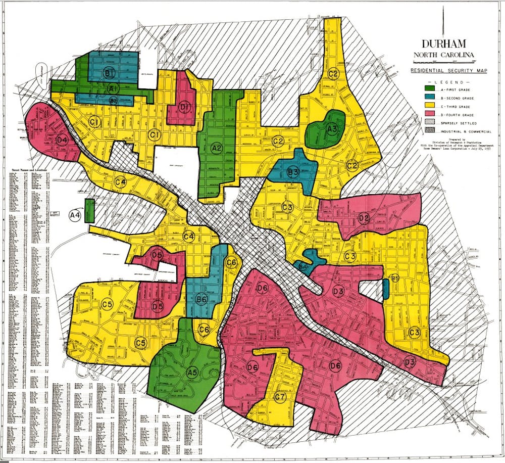 <p>The 1937 Durham map above shows segregated red areas designated too risky for home loans.</p>