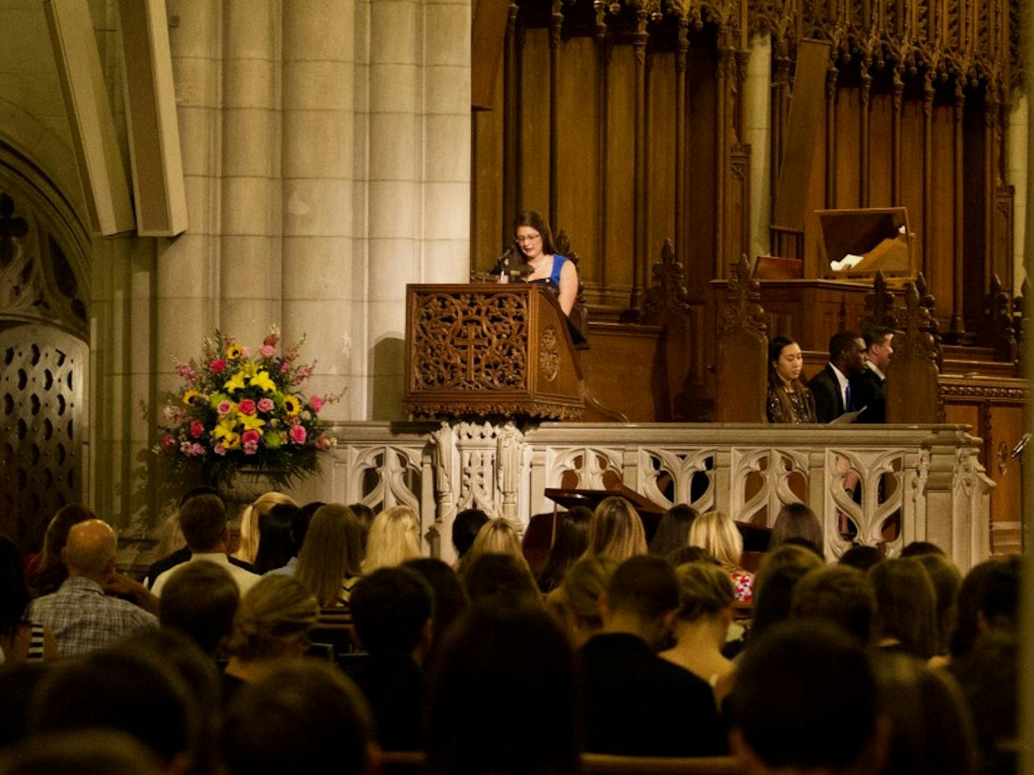 Alumna Kimberly Jenkins delivers the keynote speech at the Greek Convocation ceremony Tuesday evening in Duke Chapel.