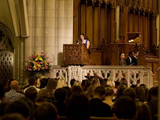 Alumna Kimberly Jenkins delivers the keynote speech at the Greek Convocation ceremony Tuesday evening in Duke Chapel.