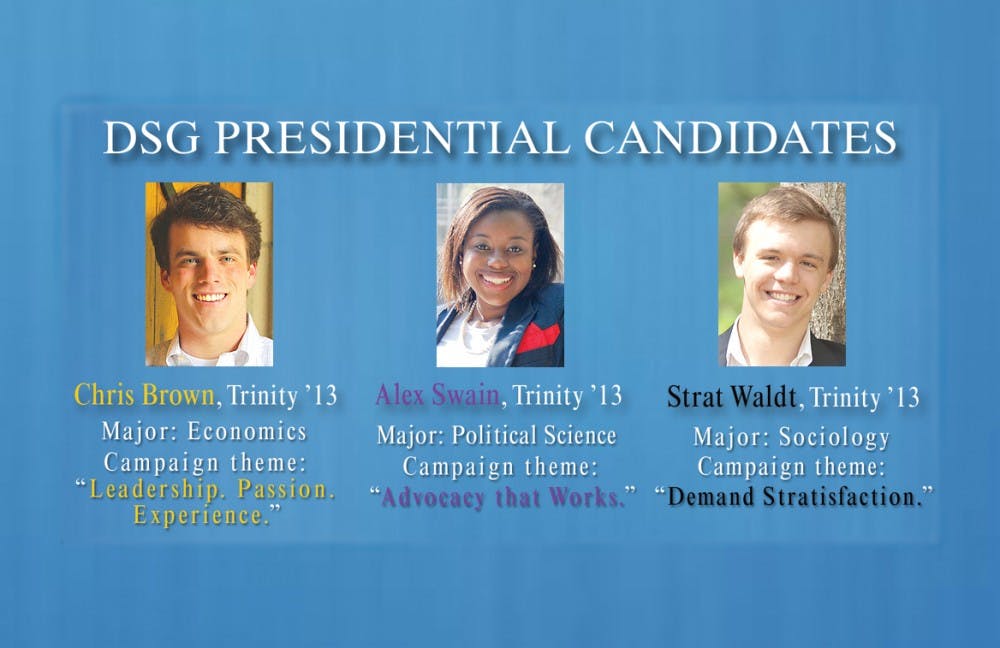 Juniors Chris Brown, Alex Swain and Strat Waldt are competing for the position of DSG president. Elections take place April 12.