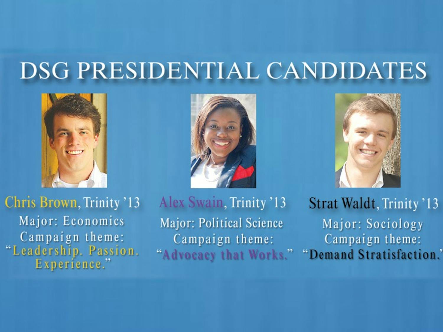 Juniors Chris Brown, Alex Swain and Strat Waldt are competing for the position of DSG president. Elections take place April 12.