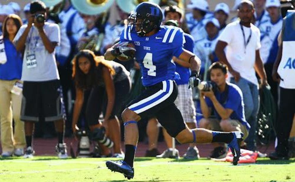 <p>Junior wide receiver Johnell Barnes caught five passes for 103 yards in the Blue Devils' 70-snap scrimmage Saturday.</p>