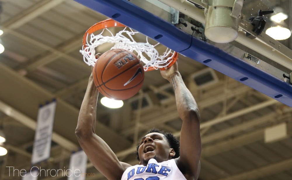 <p>Marques Bolden contributed to Duke's dominance in the paint against Hartford.</p>