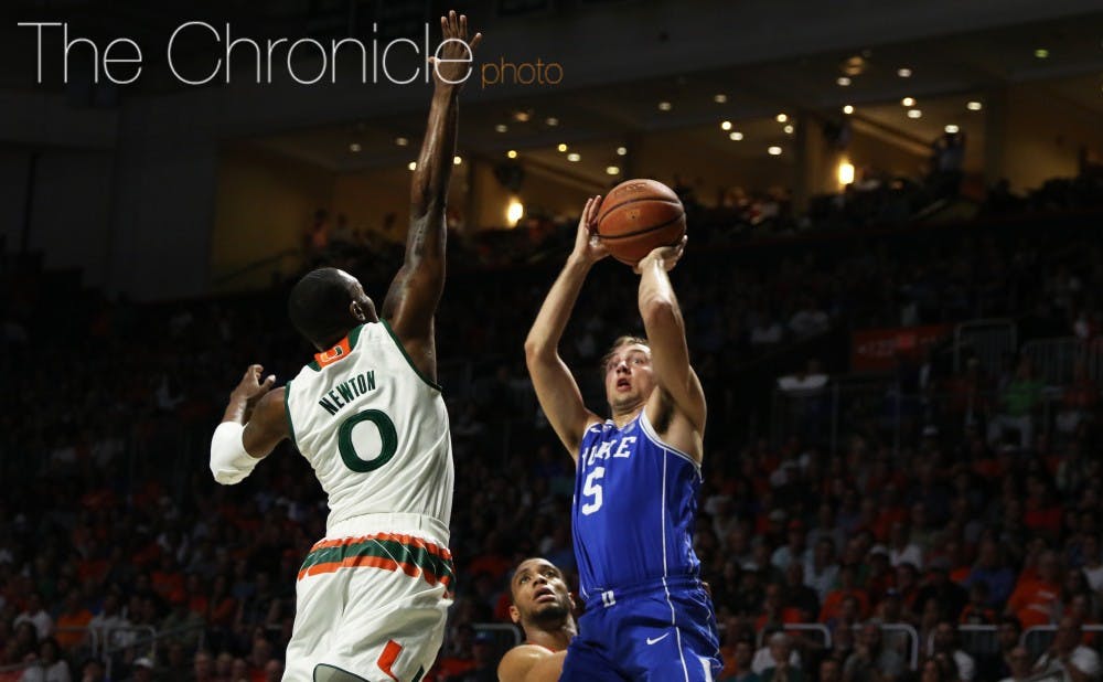 <p>Luke Kennard had to force up a lot of shots against an athletic Miami backcourt and finished the day just 6-of-20 from the field.</p>