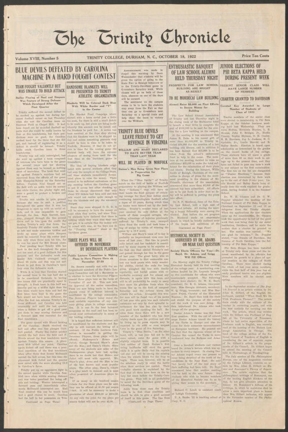 The front cover of The Trinity Chronicle from 1922