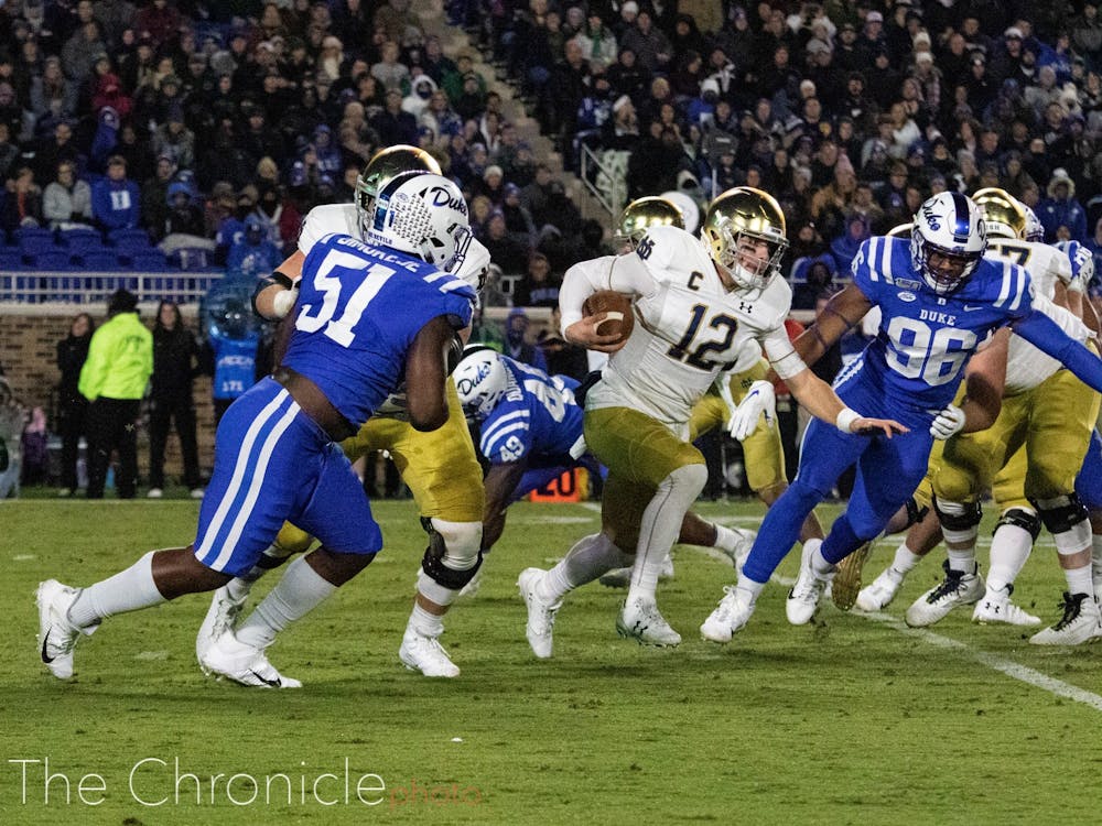 Preventing Notre Dame quarterback Ian Book from running wild like he did last year will be key if Duke hopes to pull off the upset.