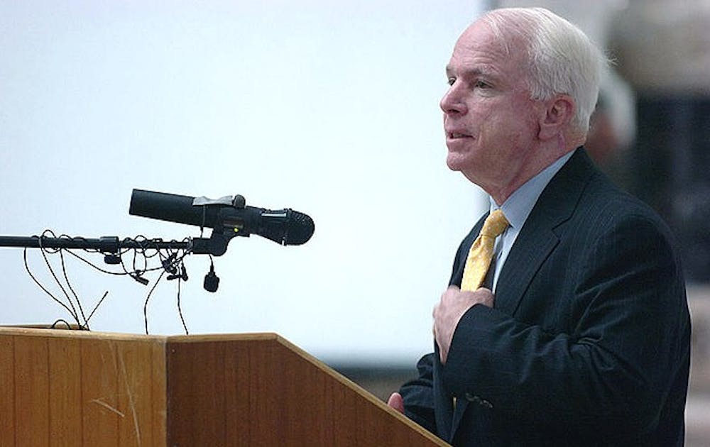 Arizona Senator John McCain spoke about veterans affairs on behalf of Mitt Romney’s presidential campaign in Cary Tuesday morning.