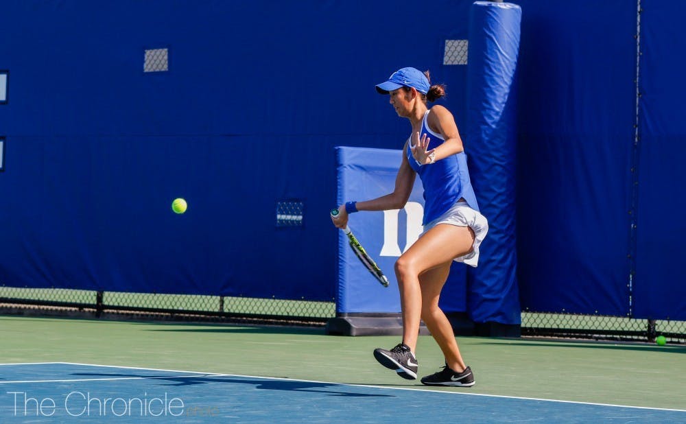Meible Chi rallied for a three-set victory in her second singles match of the week and excelled in doubles with freshman Hannah Zhao.