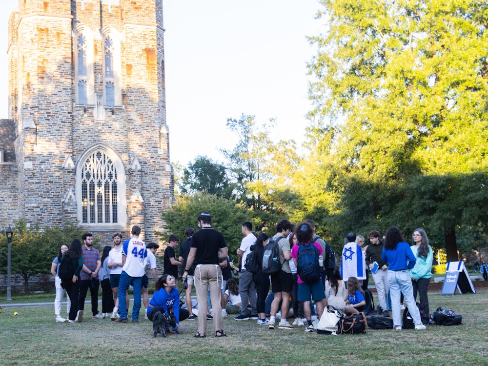 <p>The Duke Jewish community gathers for a "Day of Peace" at Abele Quad on Oct. 12, 2023.&nbsp;</p>