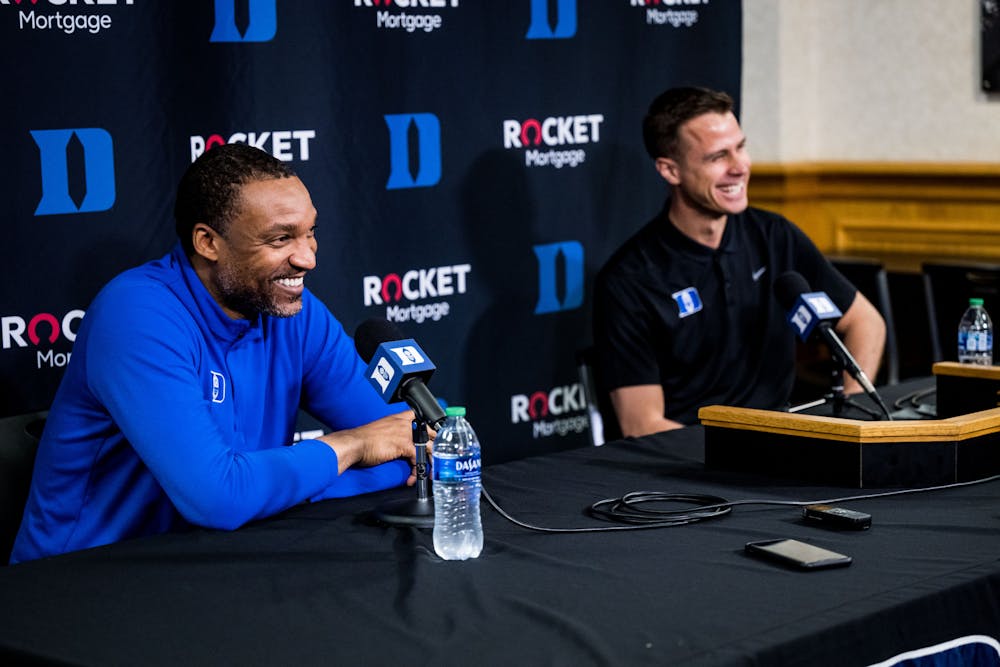 Scheyer and Carrawell during Duke's May 3 press conference.