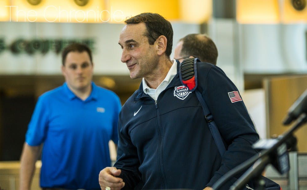 <p>Duke head coach Mike Krzyzewski returned to Durham Monday and said he is finished coaching Team USA after leading the Americans to three consecutive Olympic&nbsp;gold medals.</p>