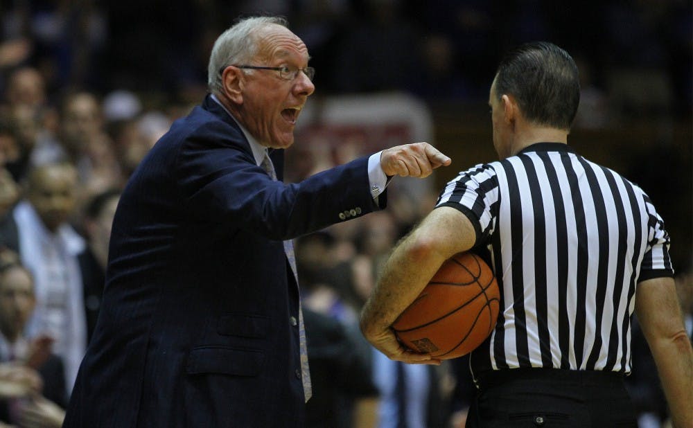 Syracuse head coach Jim Boeheim was ejected from the second meeting after the controversial charge call on C.J. Fair.