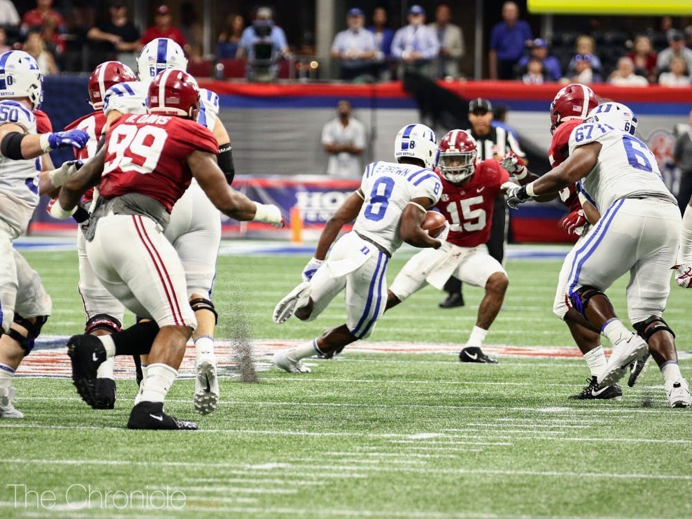 Brittain Brown and the rest of the Blue Devil backfield averaged 4.9 yards per rush against the Crimson Tide's stout defensive line last Saturday.