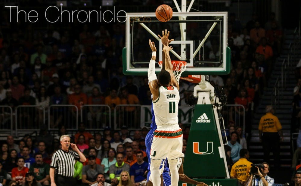 Miami freshman Bruce Brown was the only Hurricane player to get going offensively, scoring 13 of his team's 22 first-half points.&nbsp;