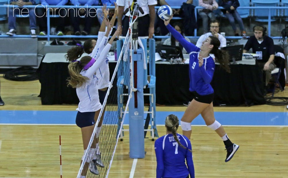 <p>Senior Emily Sklar paced the Blue Devils with 16 kills and 20 digs Wednesday night as Duke defeated Wake Forest for the second time this season.</p>