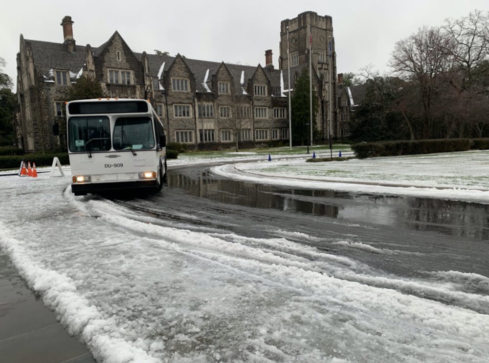 The conditions were slick Sunday as Durham saw snow.