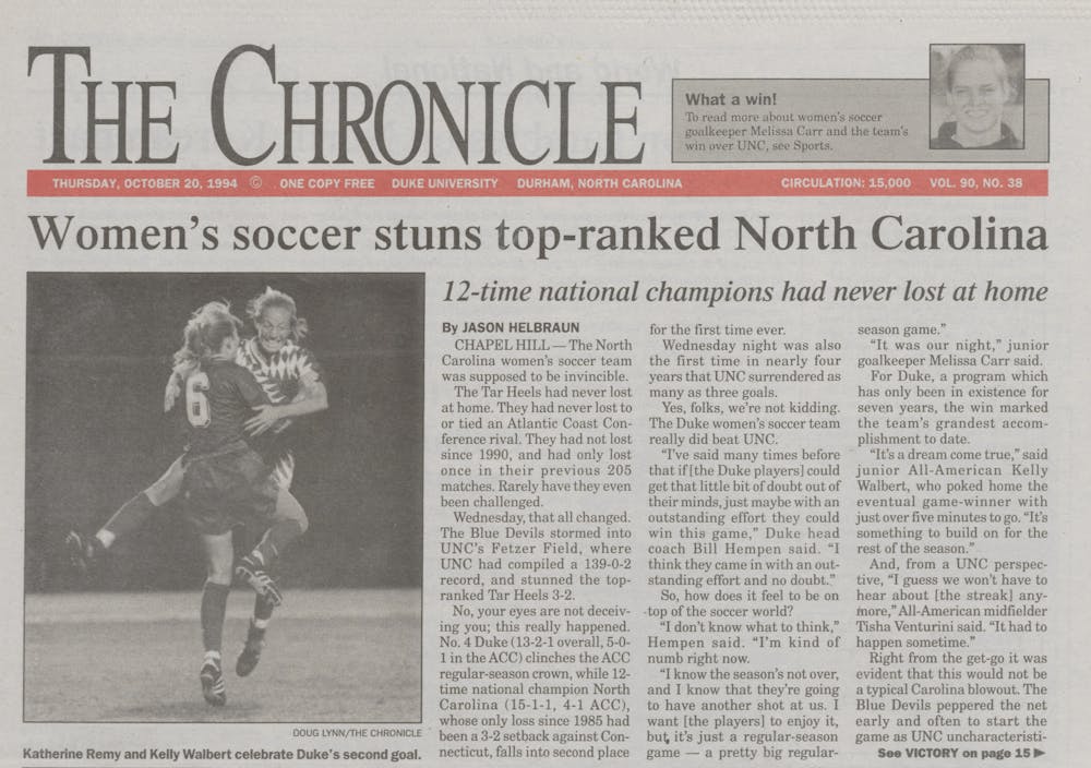 The front page of The Chronicle on Oct. 20, 1994, after Duke women's soccer defeated North Carolina.