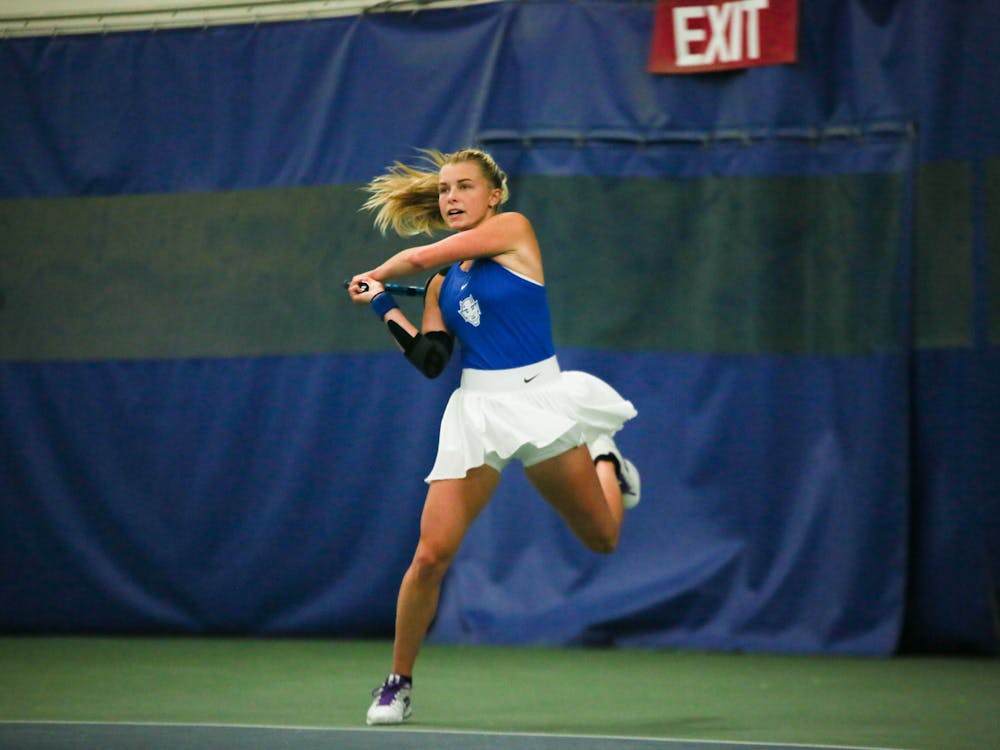 Emma Jackson, shown above in Duke's April 8 win against N.C. State, dropped her singles match on court two Friday.