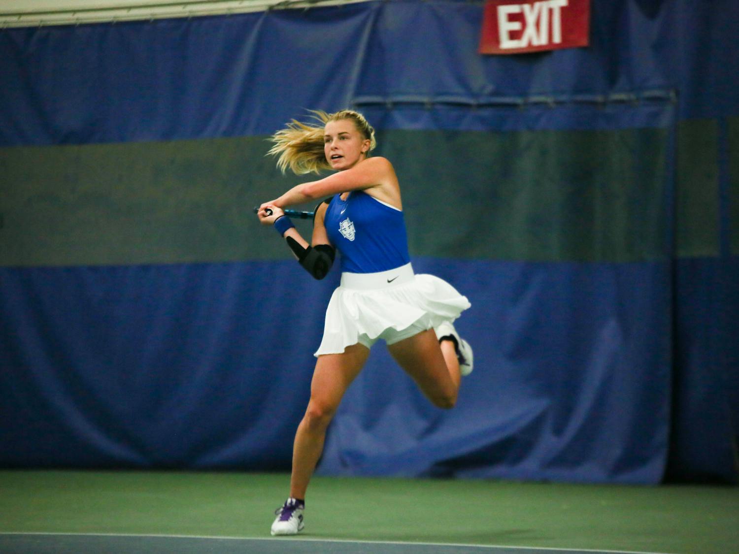 Emma Jackson, shown above in Duke's April 8 win against N.C. State, dropped her singles match on court two Friday.