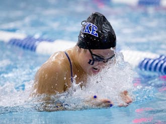 Senior Ashleigh Shanley won the 100-yard breaststroke this weekend, one of several standout for the Blue Devil women as they compiled a 3-0 record.&nbsp;