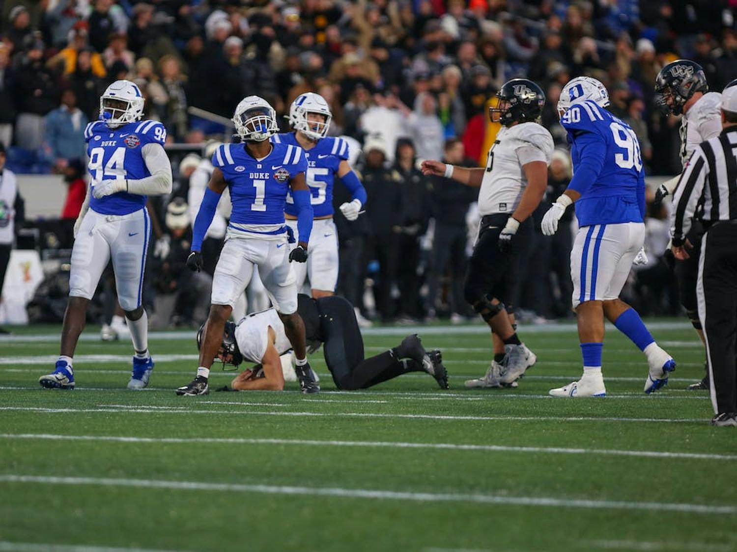 Graduate safety Darius Joiner (1) celebrates after collecting one of Duke's Military Bowl-record six sacks.