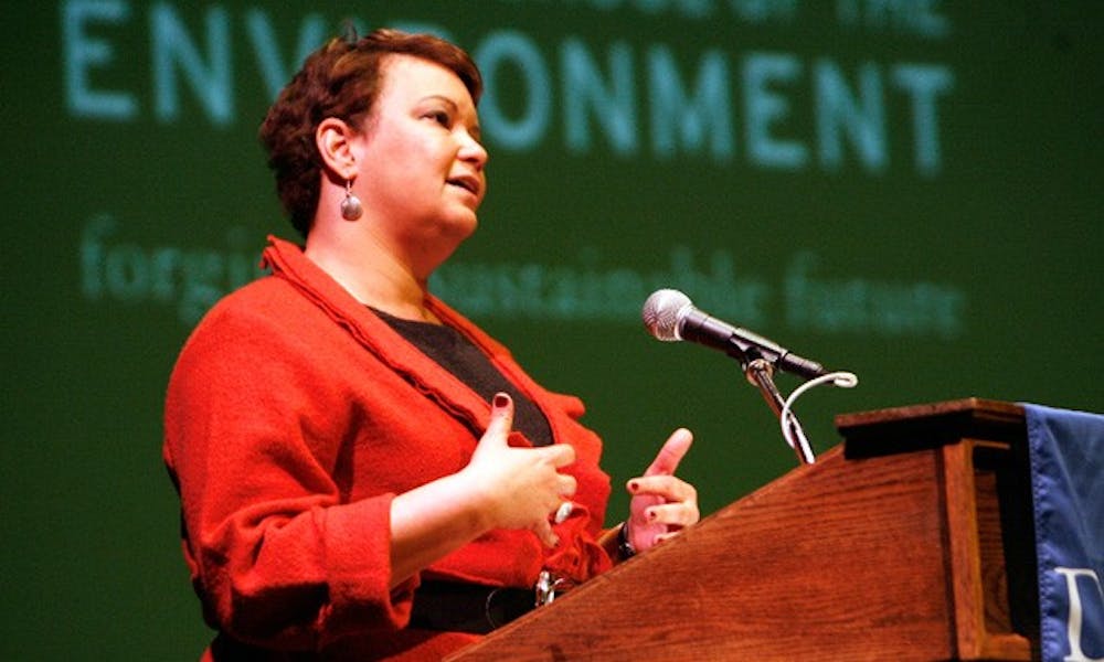 Environmental Protection Agency Administrator Lisa Jackson speaks at Reynolds Industries Theater to a crowd of more than 500 people Tuesday afternoon.