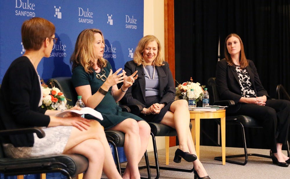 <p>Professor Judith Kelley moderated a discussion among three high-ranking Duke women about human trafficking.</p>
