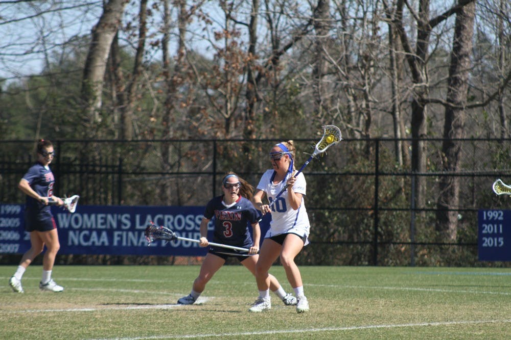 <p>Sophomore Kyra Harney scored a career-best five goals as the Blue Devils routed Virginia Tech in their ACC opener Saturday afternoon.</p>