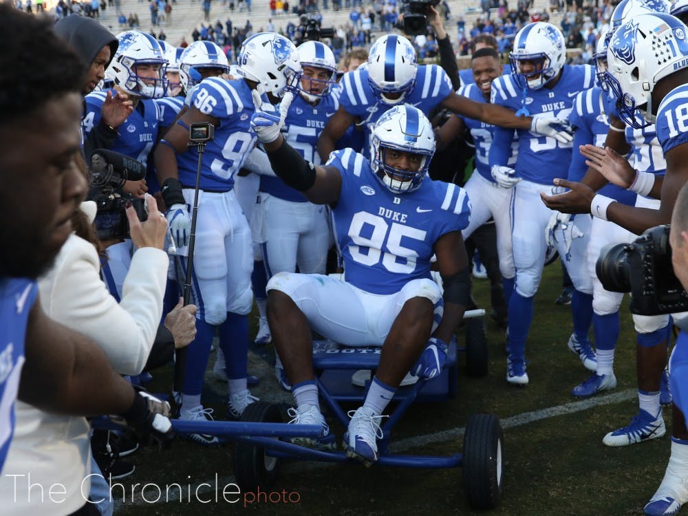 <p>The Blue Devils will look to keep the Victory Bell in Duke’s possession Saturday</p>