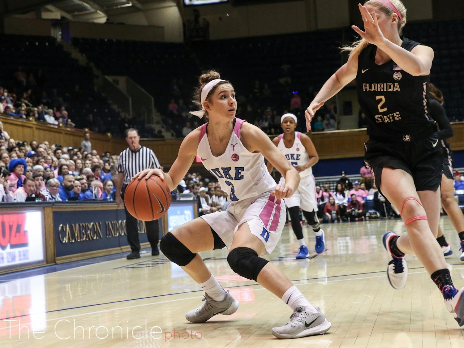 Duke Women's Basketball played strong and hard at today's home game against FSU. The Blue Devils won by a close margin, with a final score of 66-64.