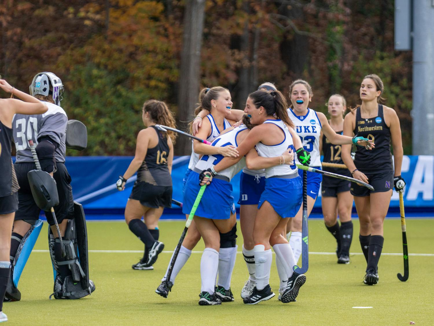 Duke players celebrate a goal during their Final Four clash with Northwestern.