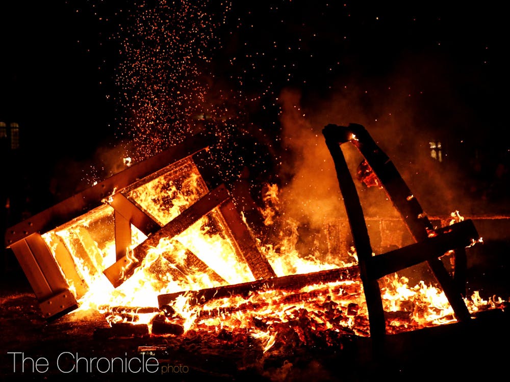 <p>A picture of a bench being burned after Duke men's basketball's win against UNC in March 2020.</p>