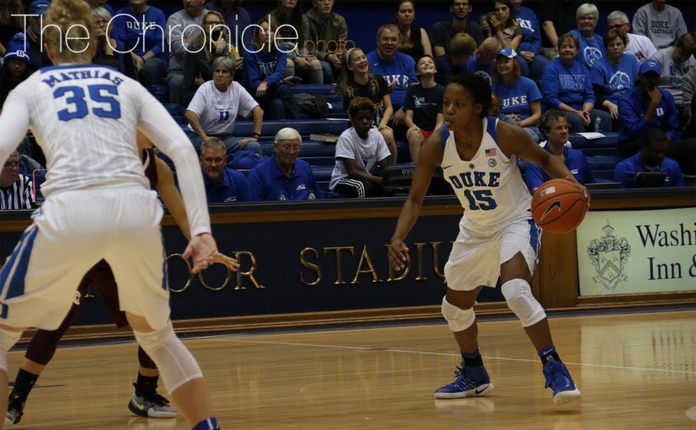<p>Sophomore Kyra Lambert had six steals Sunday as the Blue Devils frustrated Charleston's ball handlers throughout the game.</p>