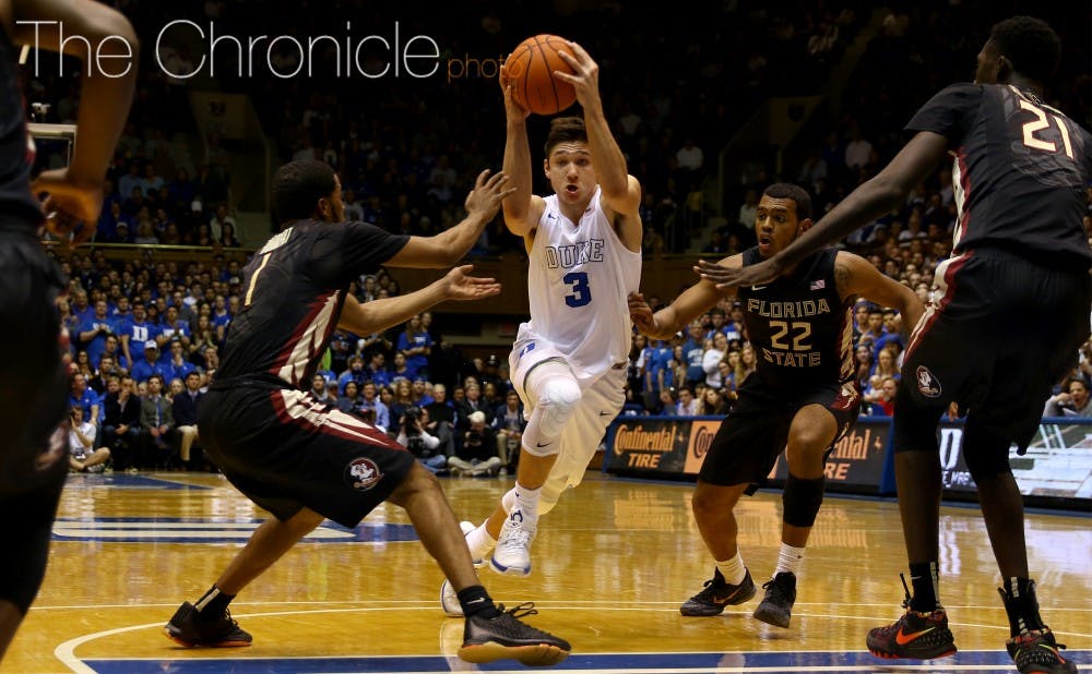 <p>Grayson Allen led the Blue Devil offense with 18 points in Thursday's 80-65 win against Florida State.</p>