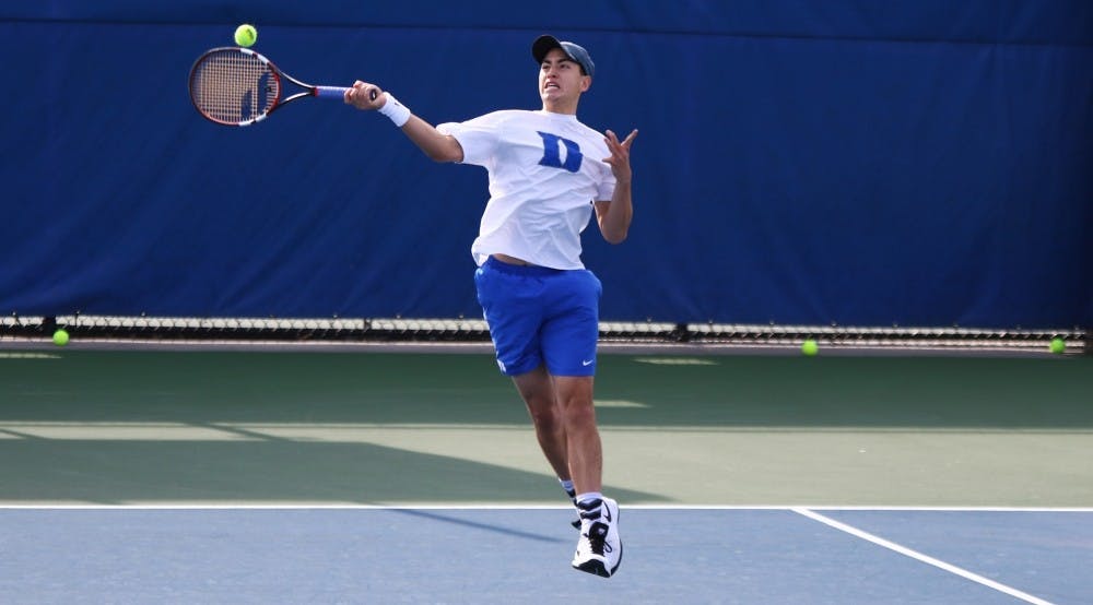 <p>Nicolas Alvarez clinched the victory for the Blue Devils on court one Friday afternoon, beating a ranked opponent for the first time since&nbsp;Feb. 5.</p>